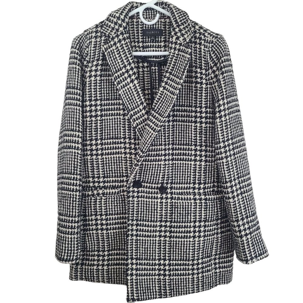 Talbots Womens Black White Striped Houndstooth Jacket Size 8 Dressy Long Sleeve